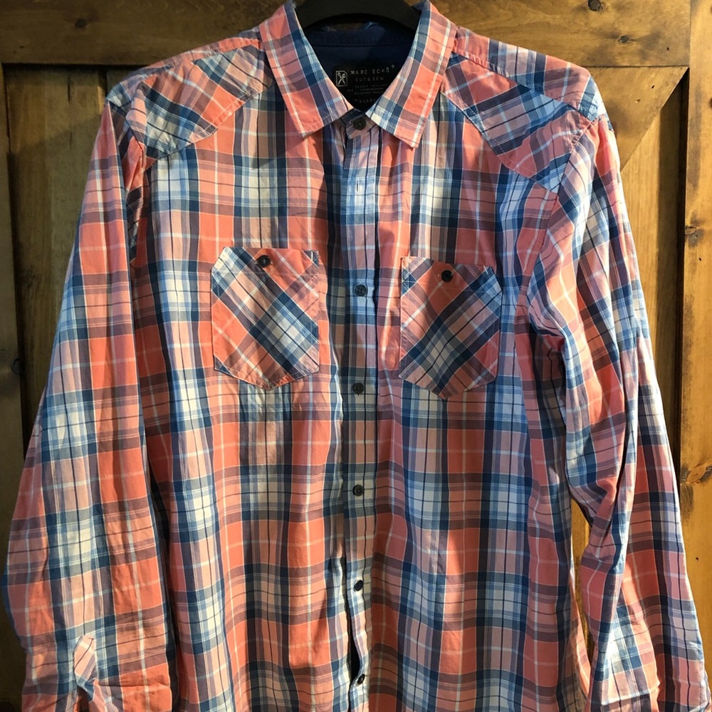 Marc Ecko Coral and Blue Plaid Button-Down Shirt